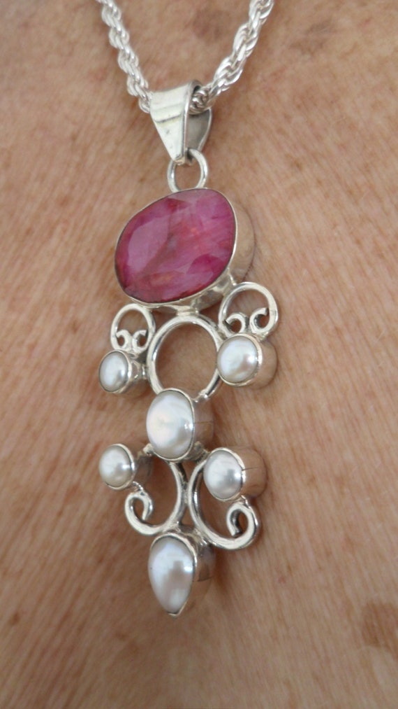 Vintage Large Ruby & Six Pearls Sterling Silver N… - image 4