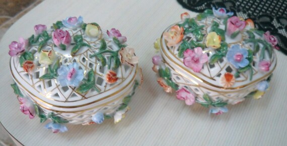 Pair Vintage Colorful Floral White Porcelain Trin… - image 8