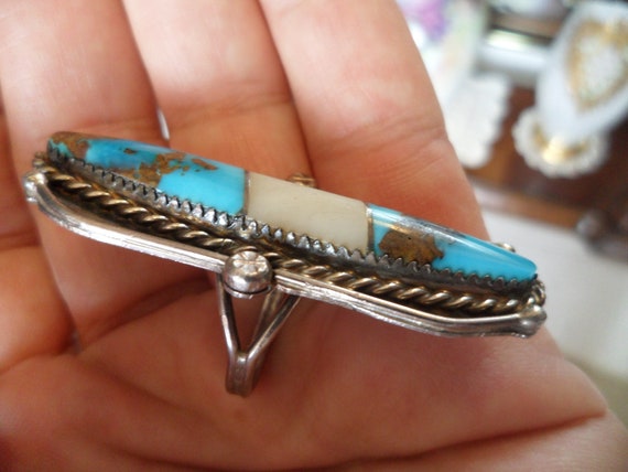 Navajo Blue Turquoise RING Inlaid with Quartz; Br… - image 5