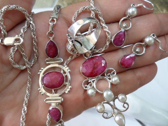 Vintage Large Ruby & Six Pearls Sterling Silver N… - image 7