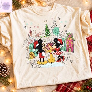 Mickey Minnie Christmas Shirt, Disney Holiday Town Tee, Mickey Pluto Christmas Graphic Shirt, Hand Drawn Xmas Family Tee, Holiday Gift