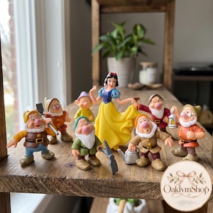 Può includere: Un set di otto statuette in plastica raffiguranti Biancaneve con un abito blu e giallo, circondata da sette nani con abiti di vari colori, tra cui marrone, verde e rosso, con accessori come un piccone, una lanterna e un annaffiatoio.