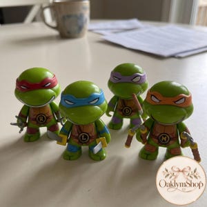 May include: Four Teenage Mutant Ninja Turtles action figures with green skin and brown shells. Each figure wears a colored mask and holds a signature weapon. The chest plates feature circular emblems with the letters R, L, D, and M.