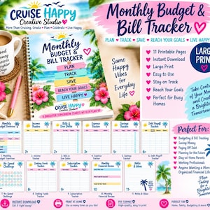 Puede incluir: Un planificador Monthly Budget and Bill Tracker con encuadernación en espiral y un tema de playa tropical con flores de hibisco y palmeras. La portada muestra el texto Monthly Budget and Bill Tracker, Plan, Track, Save, Reach Your Goals y Live Happy.