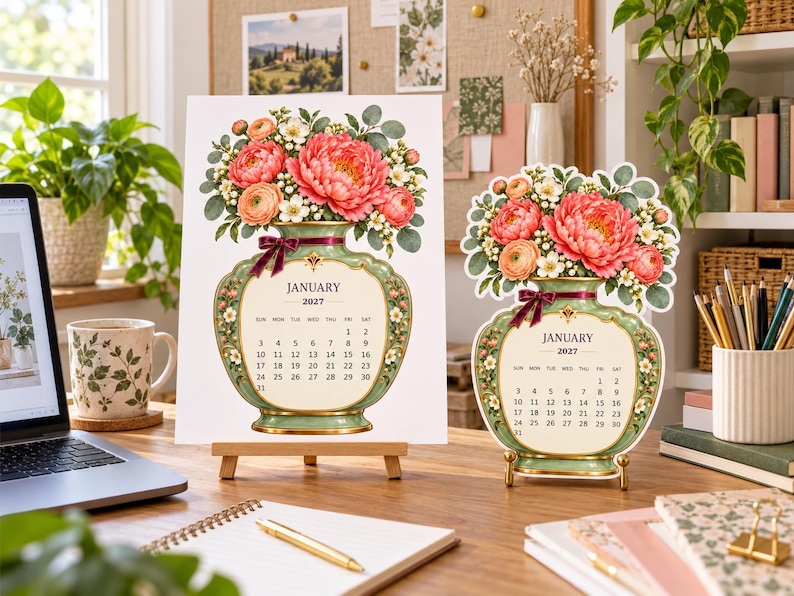 2027 Flower Vase Desk Calendar Printable, 12 Floral Months, US Letter ...