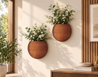 Set of 2 Wooden Wall Planter | Boho Wall Decor | Hanging Planter for Dried Flowers | Rustic Botanical Home Decor | Wall Plant Holder