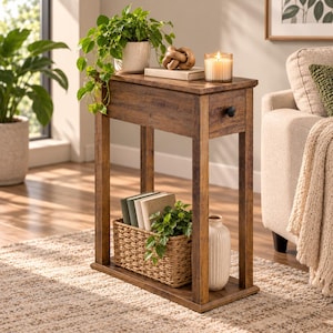 May include: A tall, narrow wooden side table with a dark brown finish, featuring a single drawer with a black knob. The top surface holds a potted plant, a wooden knot decor, and a candle. A woven basket with books and a vase sits on the base.