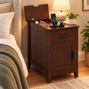 2-Tier Wooden Narrow Side Table with Drawer | Walnut Nightstand with Shelfs | Slim Bedside table | Wooden Side Table | Home Decor