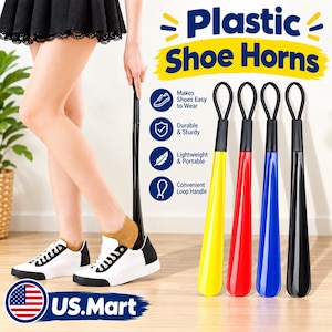May include: A set of four plastic shoe horns in yellow, red, blue, and black, each featuring a long handle with a circular loop at the top. The text Plastic Shoe Horns is displayed alongside icons and labels describing features like durable and sturdy.