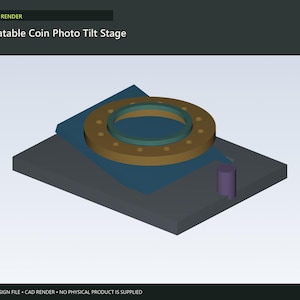 May include: A CAD render of a Repeatable Coin Photo Tilt Stage featuring a dark gray rectangular base, a blue angled platform, a brown circular ring with small holes, and a small purple cylindrical component. The text reads 01 / CAD RENDER.