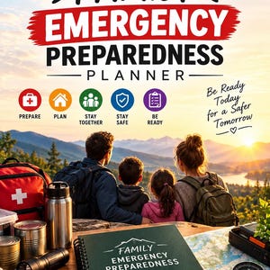 May include: A spiral-bound Family Emergency Preparedness Planner with a dark green cover, featuring a mountain icon and text. The planner sits on a wooden surface alongside a flashlight, metal cans, a compass, and a map, with a family in the background.