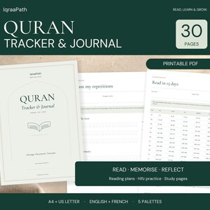 May include: A printable Quran Tracker & Journal PDF with 30 pages. The cover features the text IqraaPath, QURAN TRACKER & JOURNAL, and an open book icon. Interior pages include reading plans, repetition trackers, and study sections in English.