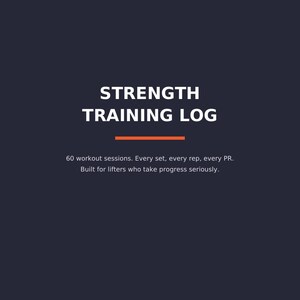 Puede incluir: Un registro de entrenamiento de fuerza en gris carbón oscuro con una línea horizontal naranja llamativa. El texto dice: STRENGTH TRAINING LOG, 60 workout sessions. Every set, every rep, every PR. Built for lifters who take progress seriously. PDF imprimible.