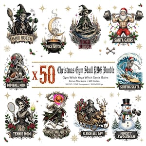50 Designs Gothic Christmas Gym PNG Bundle, 50 Designs, Funny Skeleton Santa, Mrs Claus Lifts, Commercial Use