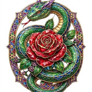 May include: A stained glass style illustration featuring a green snake with orange eyes and a red tongue coiled around a large, vibrant red rose with green leaves, all enclosed within an oval frame decorated with purple and gold geometric patterns.