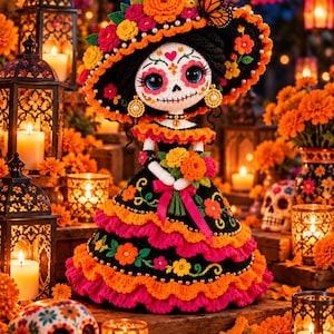 Puede incluir: Una muñeca de ganchillo con cara de calavera de azúcar y grandes ojos azules, que lleva un sombrero negro de ala ancha adornado con flores coloridas y una mariposa. La muñeca viste un vestido negro con volantes naranjas y rosas bordados.