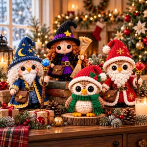 Può includere: Quattro bambole all'uncinetto tra cui un mago in tunica blu, una strega con scopa, un gufo con cappello rosso e sciarpa verde, e una figura di Babbo Natale in cappotto rosso. Ogni bambola presenta grandi occhi neri e dettagliate trame di filato.