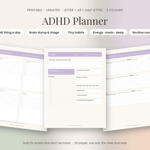 May include: A printable ADHD planner set featuring three pages with light purple headers and white backgrounds. The text includes ADHD Planner, Task Triage, Todo, and Breakdown. It lists sections for brain dumps, tiny habits, and daily routines.
