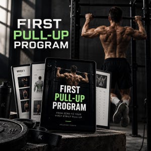 May include: A digital tablet displaying the First Pull-Up Program guide with text reading From Zero to Your First Strict Pull-Up by Kaloyan Coach. The screen shows a muscular individual performing a pull-up on a black metal bar in a gym setting.