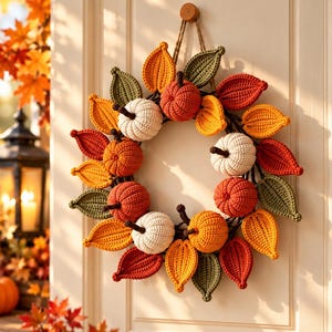 Puede incluir: Una corona circular con calabazas de ganchillo en tonos naranja, blanco y rojo, intercaladas con hojas de ganchillo en verde, amarillo, naranja y rojo. La corona está suspendida por un cordón marrón de un pequeño pomo de madera.