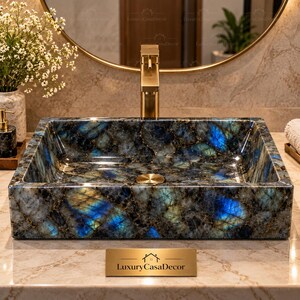 Natural Labradorite Sink, Handmade Rectangular Vessel Basin, Luxury Gemstone Bathroom Vanity, Modern Home Decor