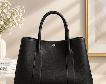 Black Litchi Grain Leather Tote Bag, Structured Garden Basket Handbag