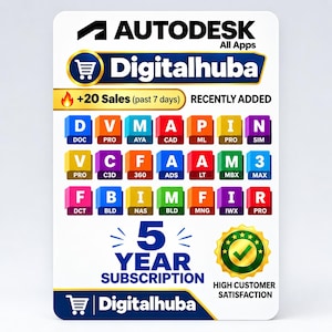 Può includere: Una scheda prodotto digitale rettangolare per un abbonamento Autodesk All Apps di Digitalhuba. Presenta una griglia di icone software colorate, un'etichetta di abbonamento di 5 anni, un'icona di fuoco con 20 vendite e un sigillo dorato di soddisfazione del cliente.