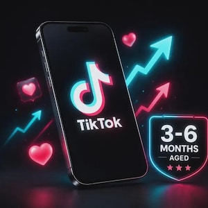 May include: A smartphone displaying the TikTok logo on its screen, surrounded by glowing neon pink hearts and light blue upward-trending arrows. A shield-shaped graphic next to the phone features the text 3-6 MONTHS AGED and three stars.