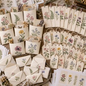 Może przedstawiać: Kolekcja papierowych artykułów piśmienniczych w kolorze kremowym z botanicznymi ilustracjami kwiatów i paproci. Zestaw zawiera prostokątne zakładki, zawieszki ze sznurkiem, małe koperty i otwarte kieszonki, ozdobione kolorowymi motywami kwiatowymi.