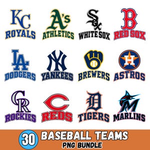 Op de afbeelding: Een digitale collectie van twaalf logo's van Major League Baseball-teams, waaronder de Royals, Athletics, White Sox, Red Sox, Dodgers, Yankees, Brewers, Astros, Rockies, Reds, Tigers en Marlins, gelabeld als 30 baseball teams PNG bundle.