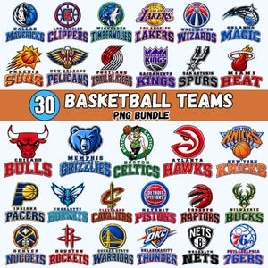 Op de afbeelding: Een digitale collectie van 30 NBA basketbalteamlogo's gerangschikt in een raster. Elk logo bevat de teamnaam, mascotte of iconische beelden in levendige kleuren. De centrale tekst luidt 30 BASKETBALL TEAMS PNG BUNDLE op een oranje achtergrond.