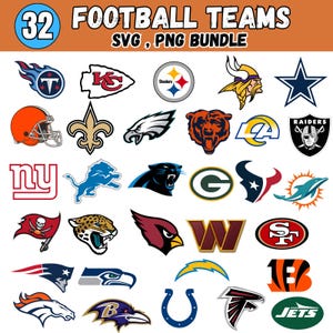 May include: A digital collection of 32 professional American football team logos presented as an SVG and PNG bundle. The image features various colorful team emblems, including helmets, animals, stars, and letters, arranged in a grid format.