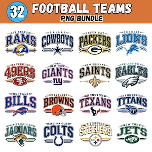 May include: A digital collection of 32 professional football team logos presented as a PNG bundle. The graphic features various team names and iconic emblems in their official colors, arranged in a grid format with the text 32 FOOTBALL TEAMS PNG BUNDLE.