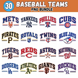 May include: A digital collection of 30 baseball team logos presented as a PNG bundle. The image displays sixteen individual team names in arched lettering above their respective team icons, featuring various colour schemes including blue, red, orange, and black.