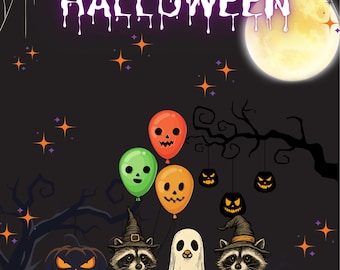 Halloween Raccoon Ghost Pumpkin Card, Spooky Greeting (Digital Download)