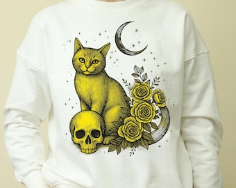 Mystical Black Cat Skull PNG, Witchy Moon Roses Design, Gothic Halloween Clipart, Celestial Cat Sublimation, Digital Download