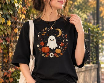 Cute Ghost Halloween PNG, Pumpkin Bat Shirt Design, Fall Floral Sublimation File, Spooky Season Digital Download