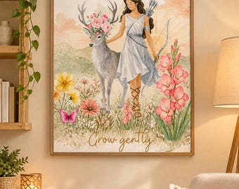 Grow Gently Wall Art Print, Boho Goddess Huntress Deer Printable, Floral Feminine Poster, Digital Download Home Decor