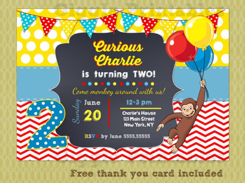Curious George Invitation Birthday Party Invitations Diy Etsy