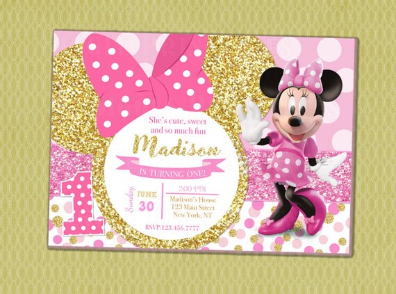 Minnie Mouse Birthday Invitation Pink And Gold Minnie Mouse Etsy