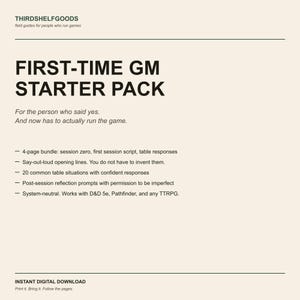 Op de afbeelding: Een beige digitaal document getiteld FIRST-TIME GM STARTER PACK van THIRDSHELFGOODS. Het bevat een bundel van 4 pagina's met een sessie nul, een script voor de eerste sessie, tabelreacties, openingszinnen en reflectievragen voor na de sessie.
