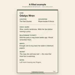 May include: A rectangular character profile card with a cream background and dark green border. The text includes Name: Odalys Wren, Location: The Salt Quarter, Occupation: Rope-braider & fence, Voice/Quirk, Relationship to Party, Wants, Secret, and Notes.