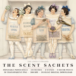 May include: Five illustrated paper dolls wearing beige aprons labelled Myrtle Sprig, Jasmine Bloom, Patchouli Leaf, Violet Leaf, and Cedar Shaving. The dolls have bows in their hair and wear patterned tights. A pair of scissors is placed over the dolls.