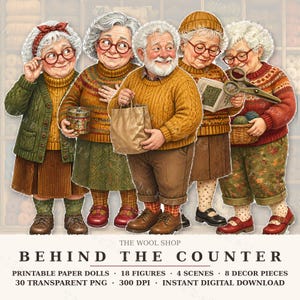May include: A digital illustration of five elderly figures in a wool shop, including the text THE WOOL SHOP BEHIND THE COUNTER. The figures wear knit sweaters, skirts, and trousers in shades of brown, green, and red, holding items like a bag and scissors.