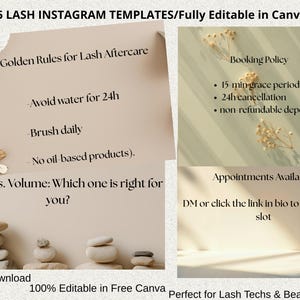 May include: A set of 15 editable Instagram templates for lash services featuring text about lash aftercare, booking policies, and appointment availability. The design includes beige and light green backgrounds with small dried floral accents and stacked stones.
