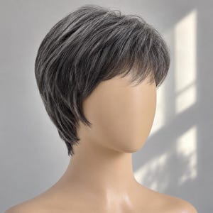 100% Human Hair Dark Gray Pixie Cut Wig | 4 Inch Short Layered Pixie Cut | Heat Styleable Real Hair Wig