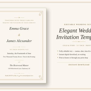 May include: An ivory wedding invitation template with gold border accents and text reading Emma Grace and James Alexander, Saturday the Fourteenth of June, Two Thousand Twenty-Seven at The Rosewood Manor, 128 Willowbrook Lane, Charleston, SC.