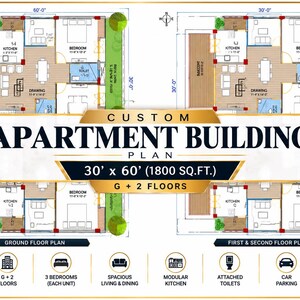 May include: A custom apartment building plan for a 30' x 60' plot totalling 1800 sq. ft. with G + 2 floors. The architectural drawing displays ground, first, and second floor layouts featuring three bedrooms, a living and dining area, a kitchen, toilets, car parking, and balconies.