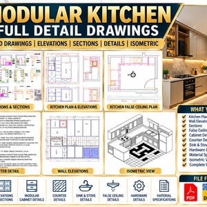 May include: A digital document featuring modular kitchen full detail drawings, including 2D CAD plans, elevations, sections, and isometric views. The layout displays technical specifications, material details, and a photographic example of a modern kitchen.