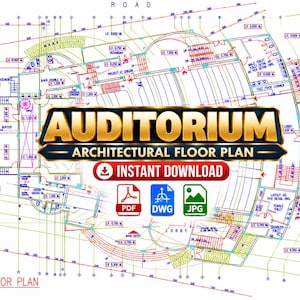 Puede incluir: Un plano arquitectónico de planta para un auditorio que muestra la distribución de la planta baja con líneas técnicas y medidas. El texto dice AUDITORIUM ARCHITECTURAL FLOOR PLAN, INSTANT DOWNLOAD, PDF, DWG, JPG y GROUND FLOOR PLAN.